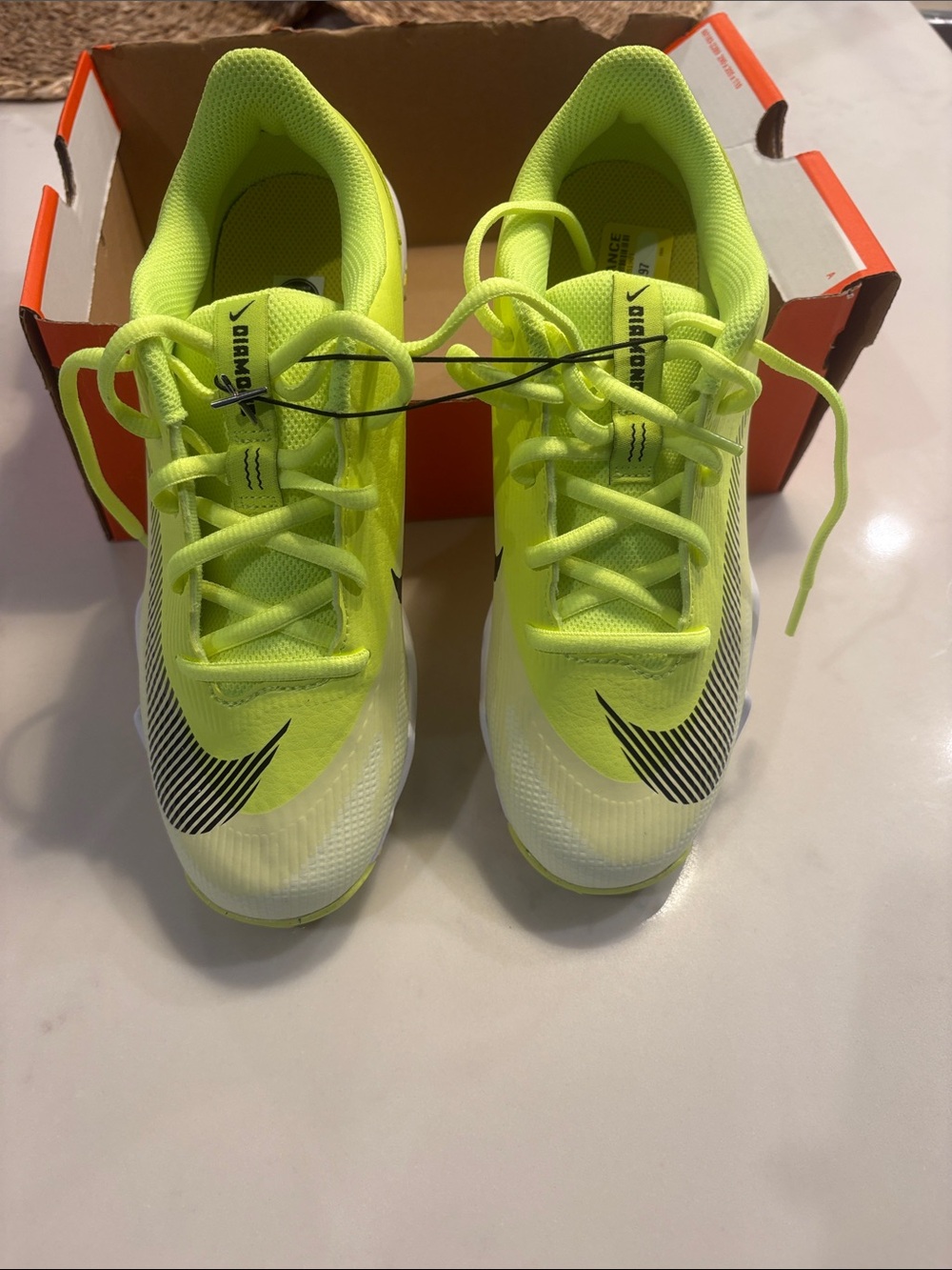 Nike Kids Neon Yellow and White Soccer Sneakers with Black Swoosh